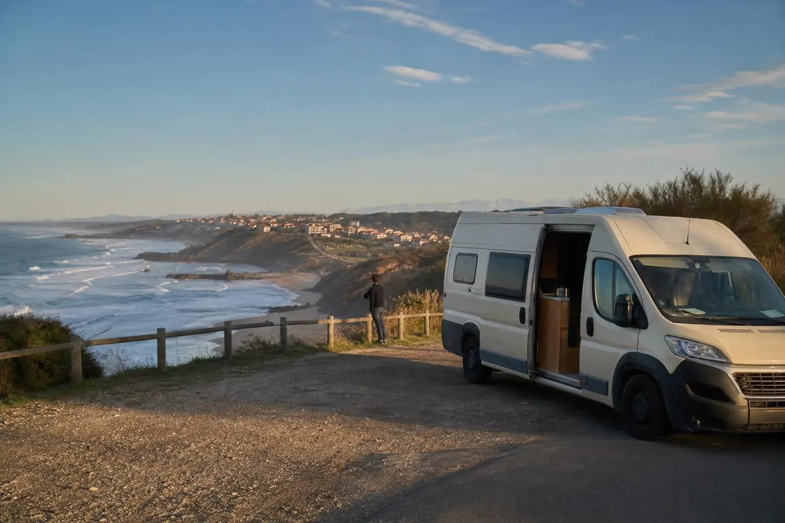 Fourgon aménagé blanc porte latérale ouverte, garé sur un promontoire face à l'océan sur la côte basque, un passager debout près d'une clôture en bois regardant une plage en contrebas