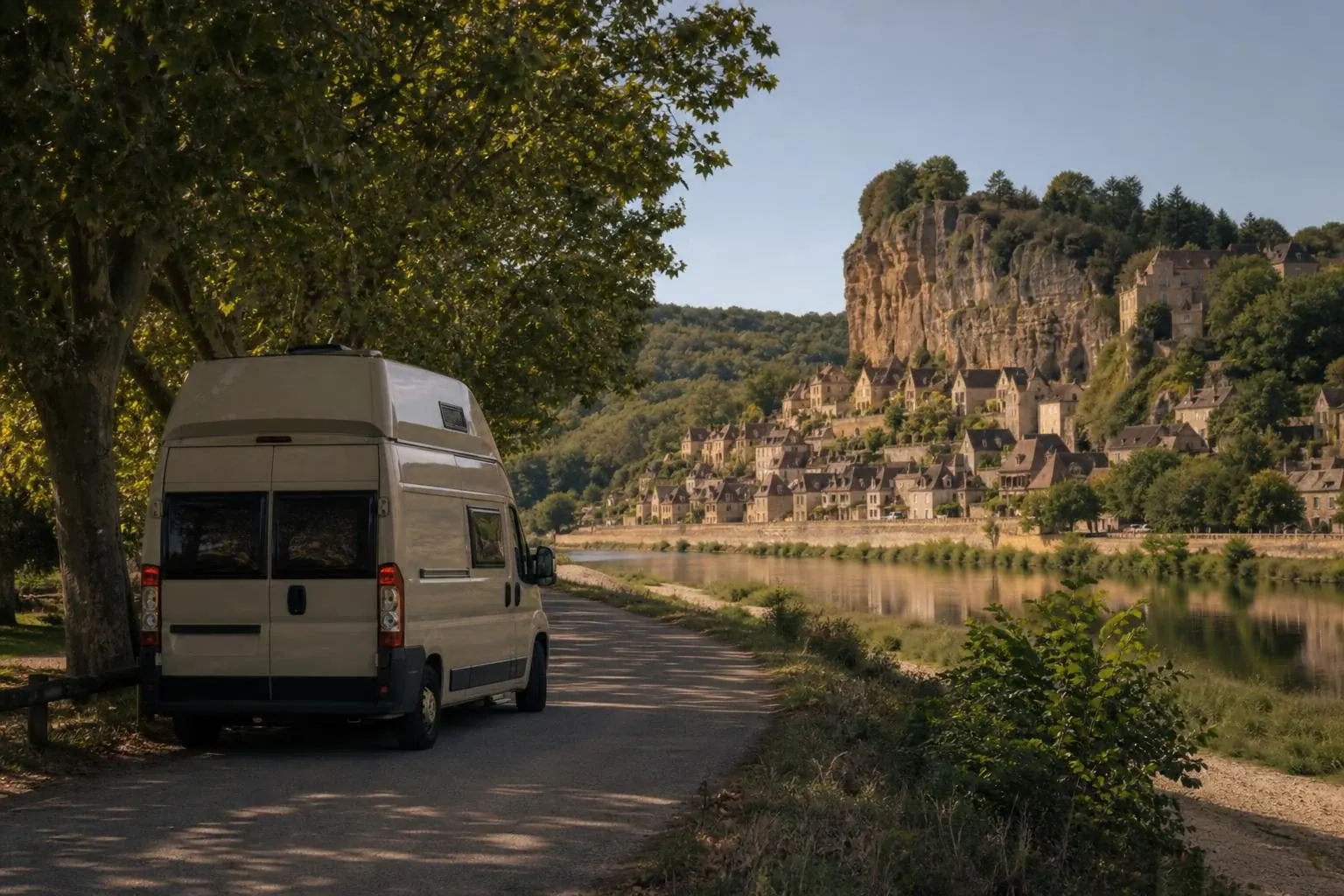 Fourgon aménagé blanc vu de trois-quarts arrière garé à l'ombre d'un grand platane au bord de la Dordogne, un village de pierre périgourdin adossé à une haute falaise se reflétant dans la rivière