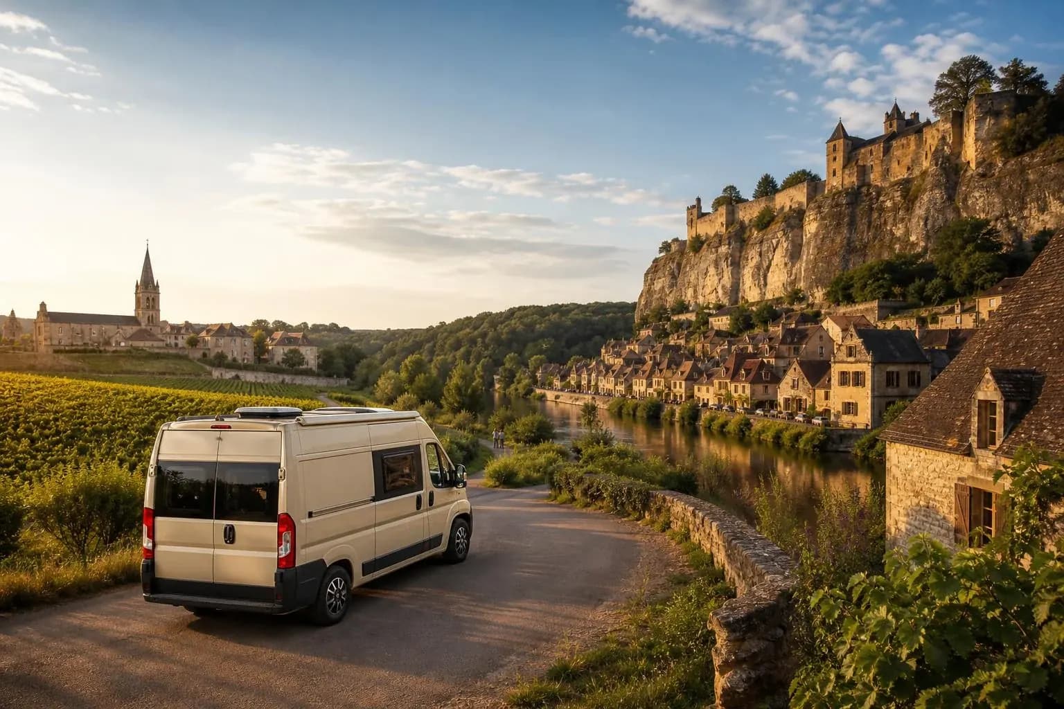 Fourgon aménagé blanc vu de trois-quarts arrière sur une route au bord de la Dordogne au coucher du soleil, un vignoble à gauche et un village de pierre médiéval couronné d'un château perché sur une haute falaise à droite