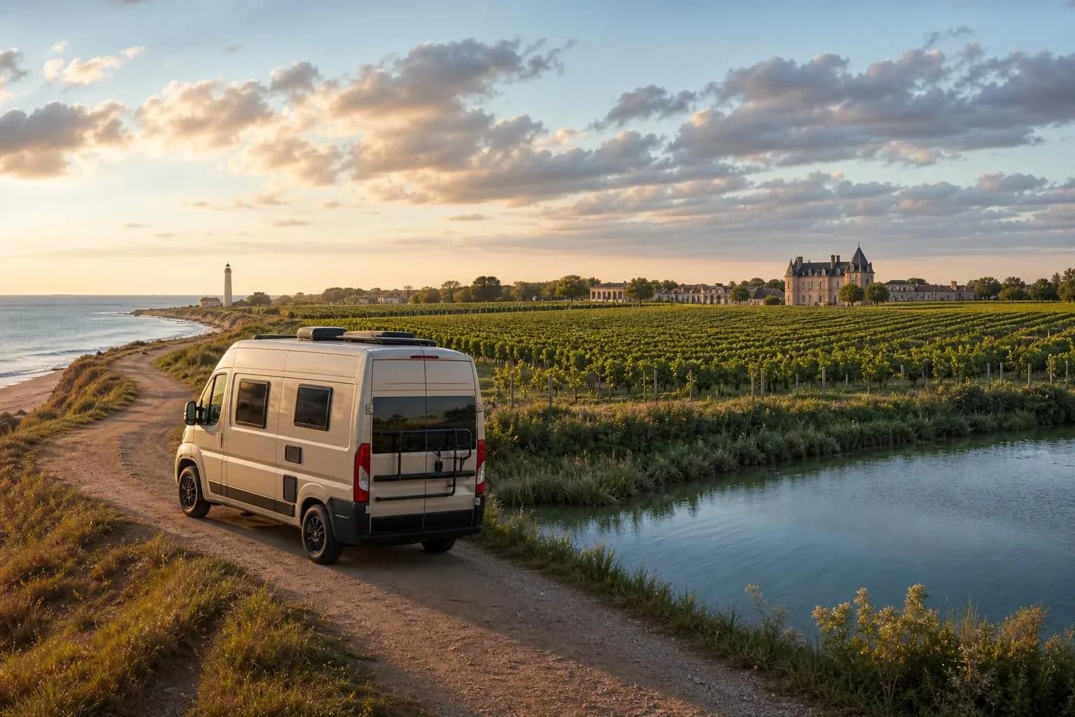 Fourgon aménagé blanc vu de trois-quarts arrière sur un chemin de terre côtier du Médoc entre l'océan et un vignoble, un phare à gauche et un château viticole entouré de vignes à droite, au coucher du soleil